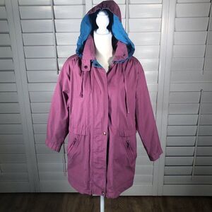 Vtg 80s Weather Master Coat S Pink Turquoise Removable Hood Zipper Pockets Retro